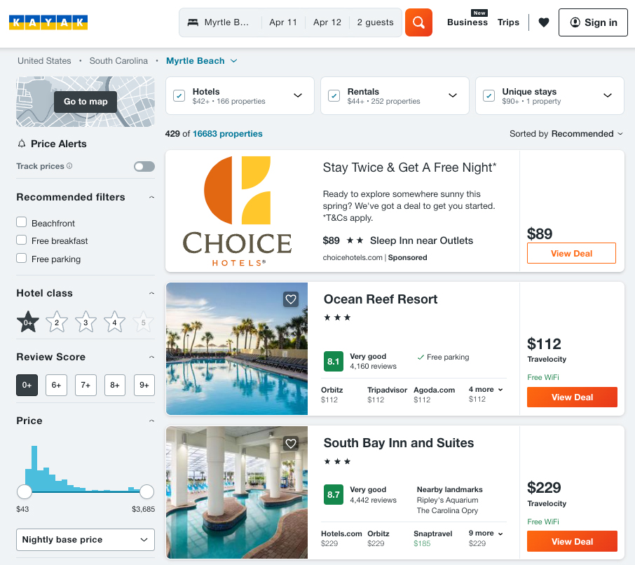 Kayak hotel metasearch engine.